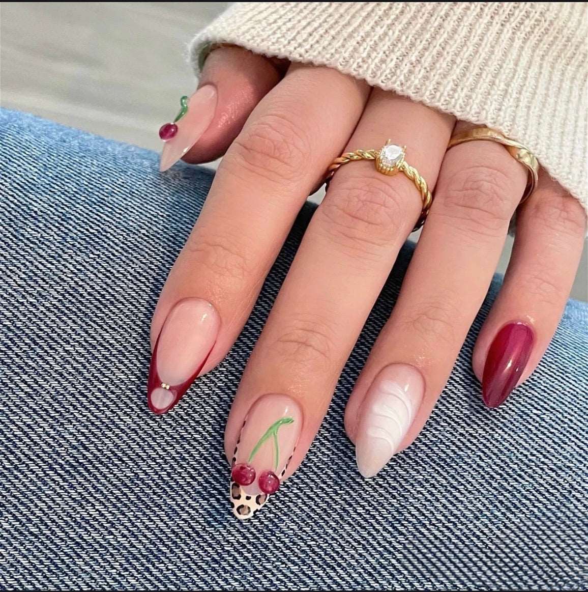 Sheer Pink Cherry Motif Medium Almond Nails