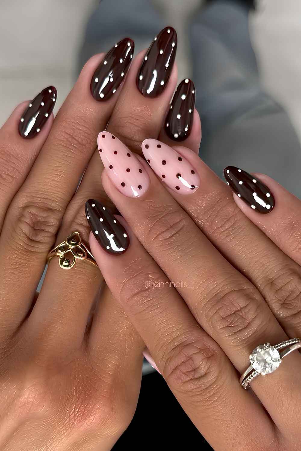 Polka Dot Dark Brown and Pink Medium Almond Nails