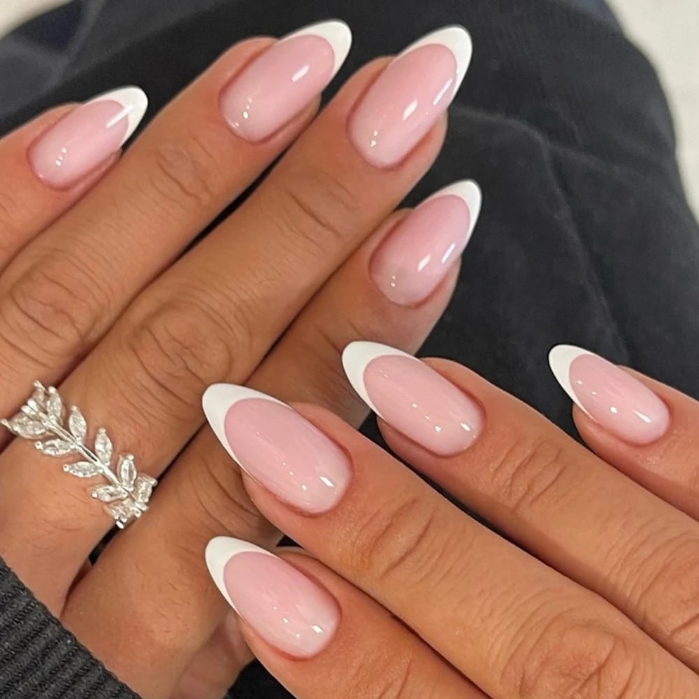 Milky Pink French Medium Almond Nails, Glossy