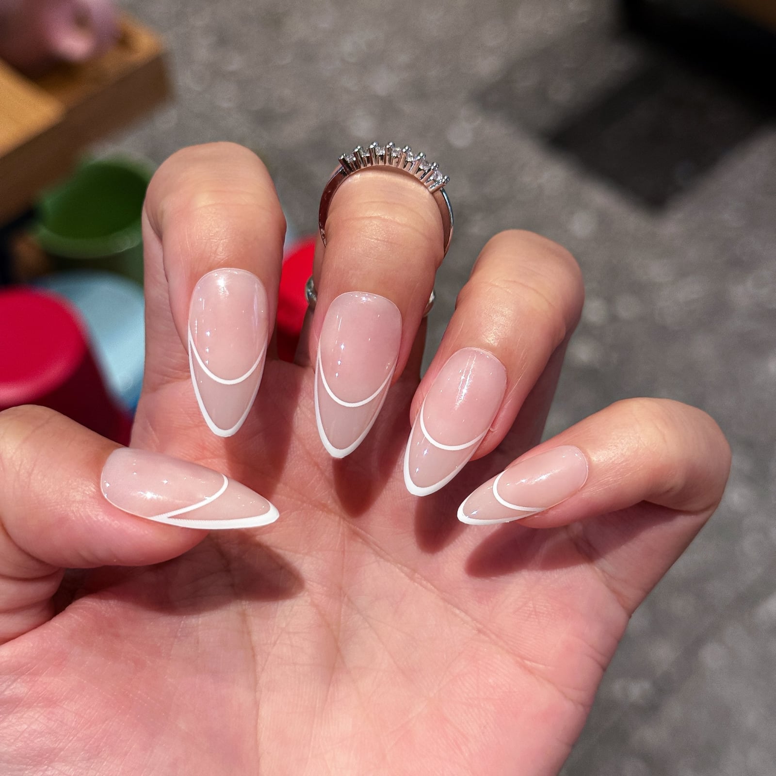 Nude Base Fine White Line Medium Almond Nails
