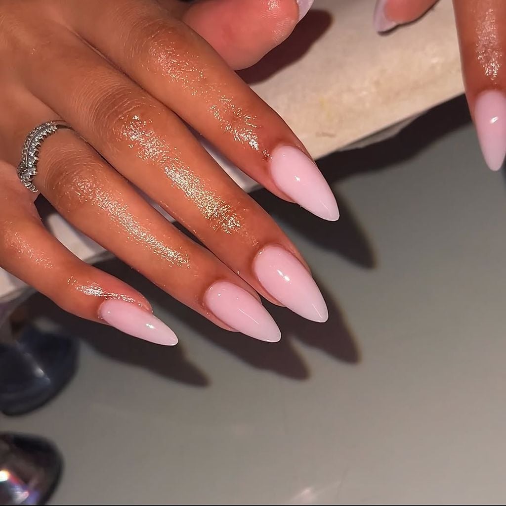 Sheer Light Pink Glossy Long Stiletto Nails — Almond Nails