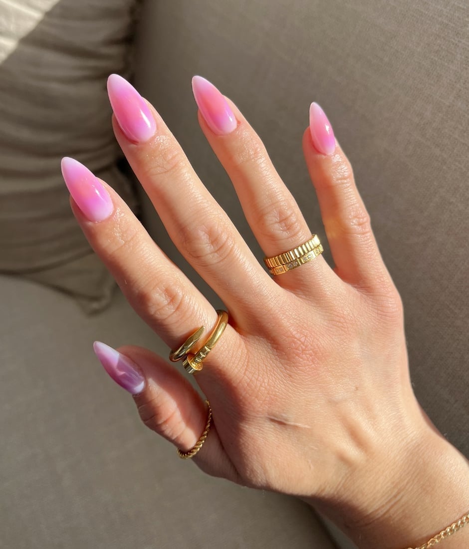 Pink and White Milky Gradient Long Almond Nails