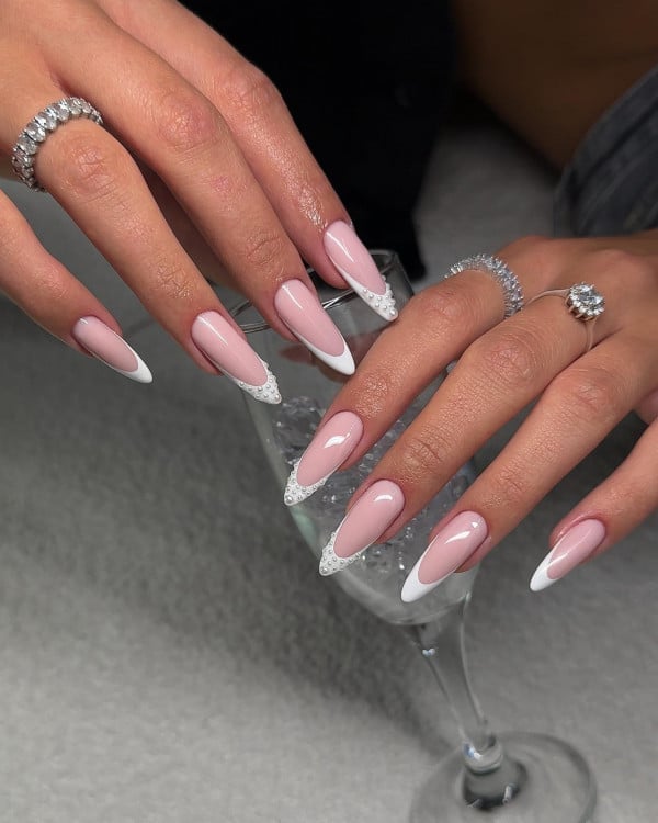 Pearl Accented French Long Almond Nails
