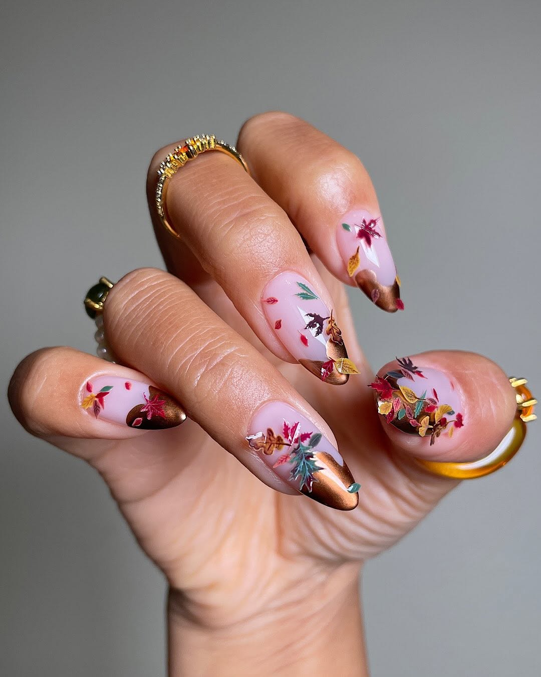 Fall Leaves Metallic Bronze Tip Long Almond Nails