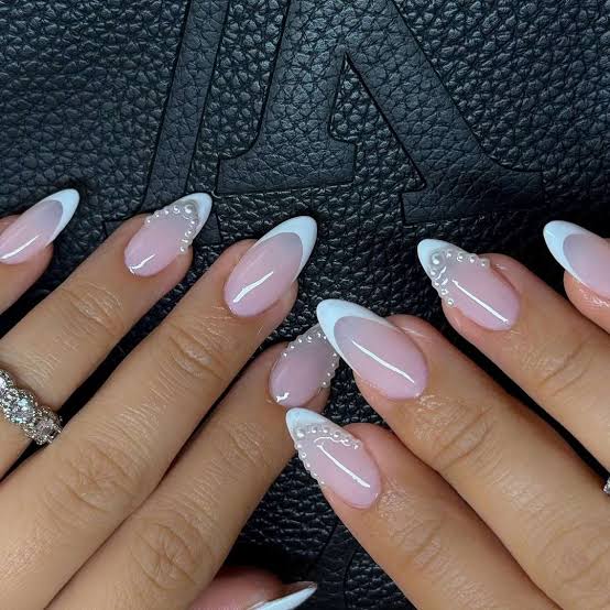 Pearl Accented White French Medium Almond Nails