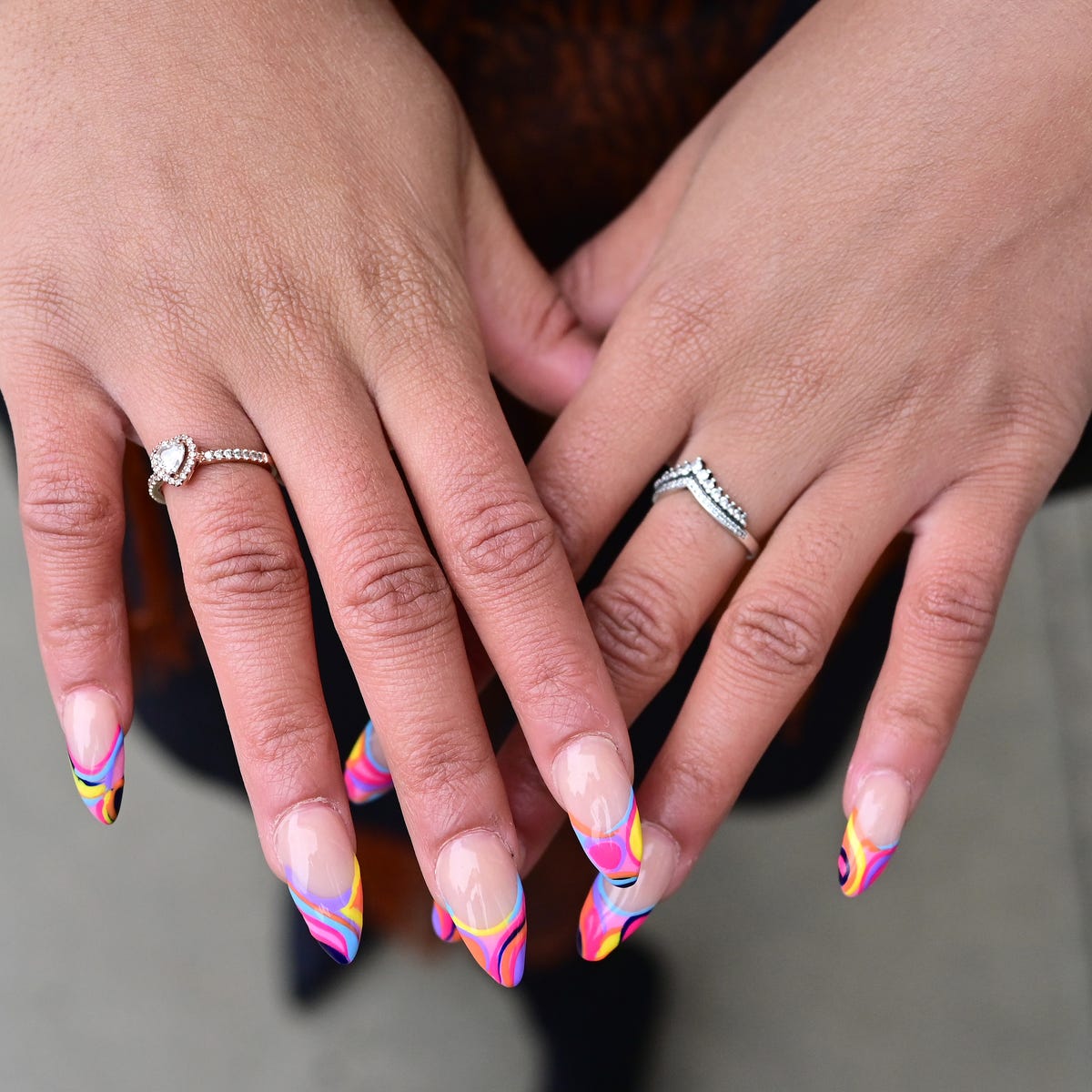 Abstract Wavy Neon French Medium Almond Nails
