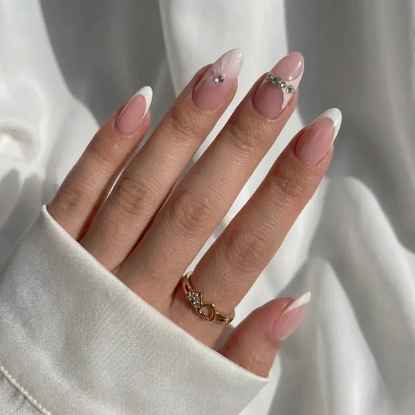 Bridal Rhinestone Accent Short Almond French Nails — Almond Nails