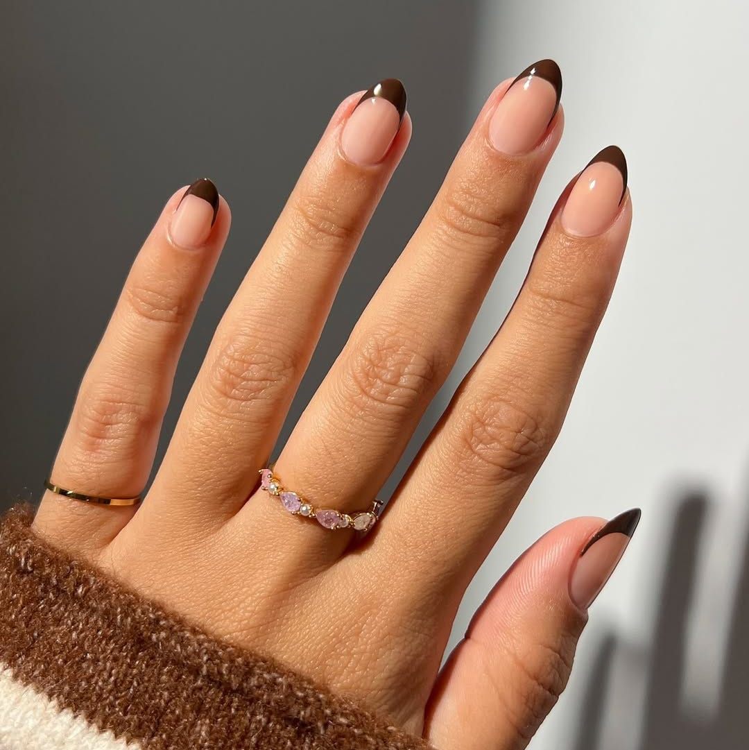 Modern Dark Brown French Short Almond Nails