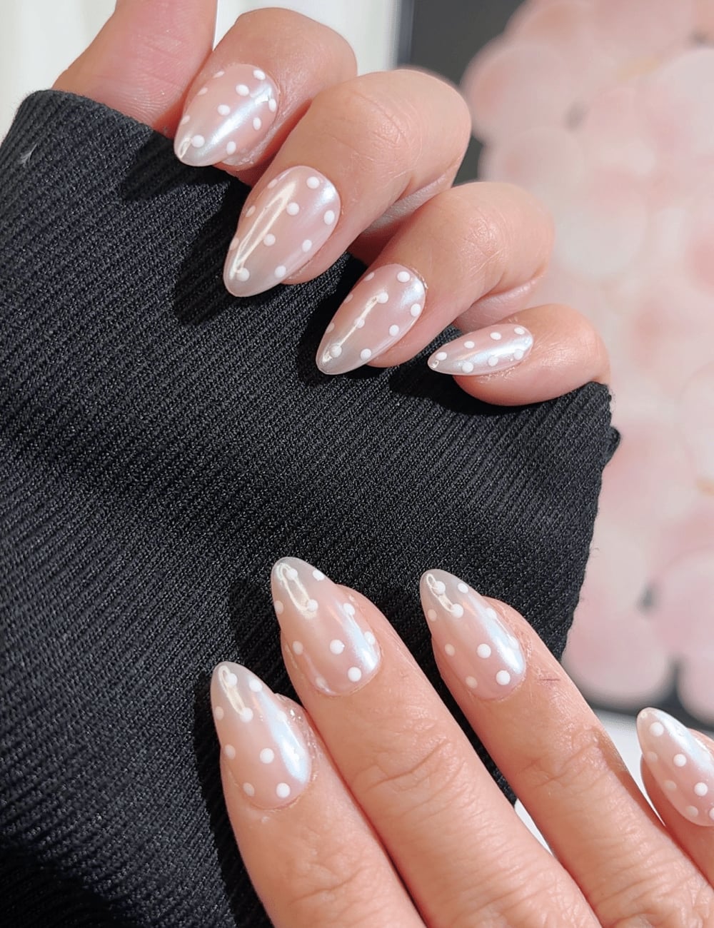 Pearl White Polka Dot Short Almond Nails
