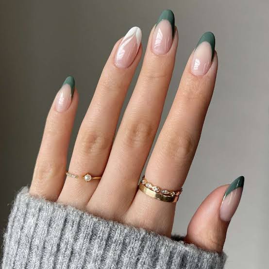 Double Green and White French Short Almond Nails