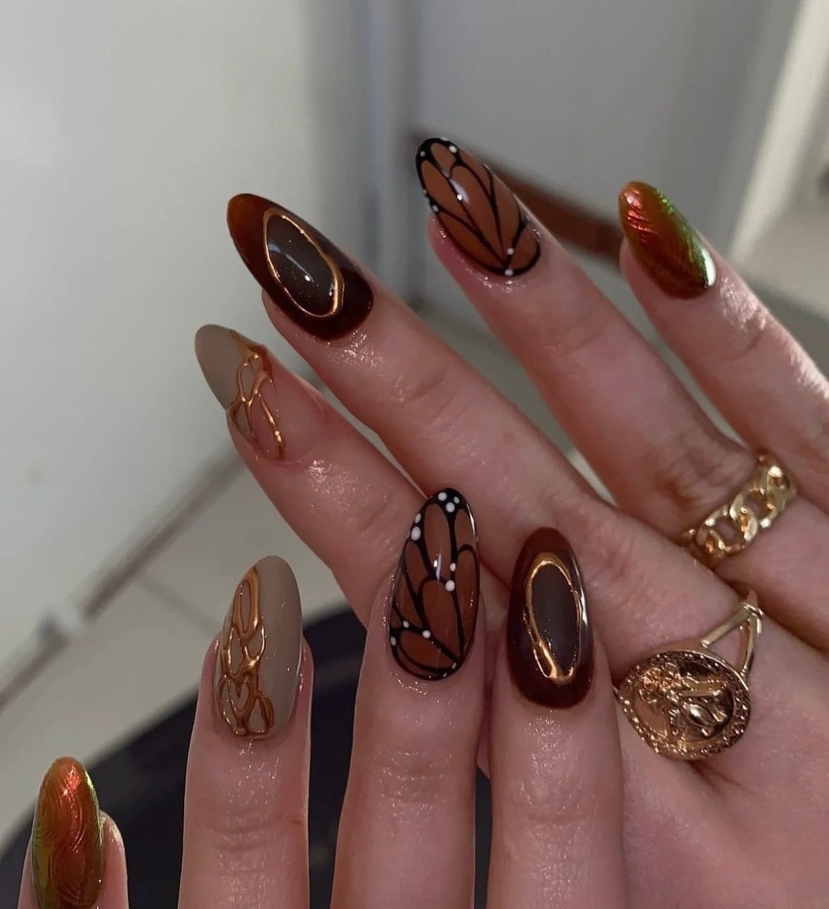 Brown Butterfly Wing and Metallic Almond Nails — Almond Press On Nails