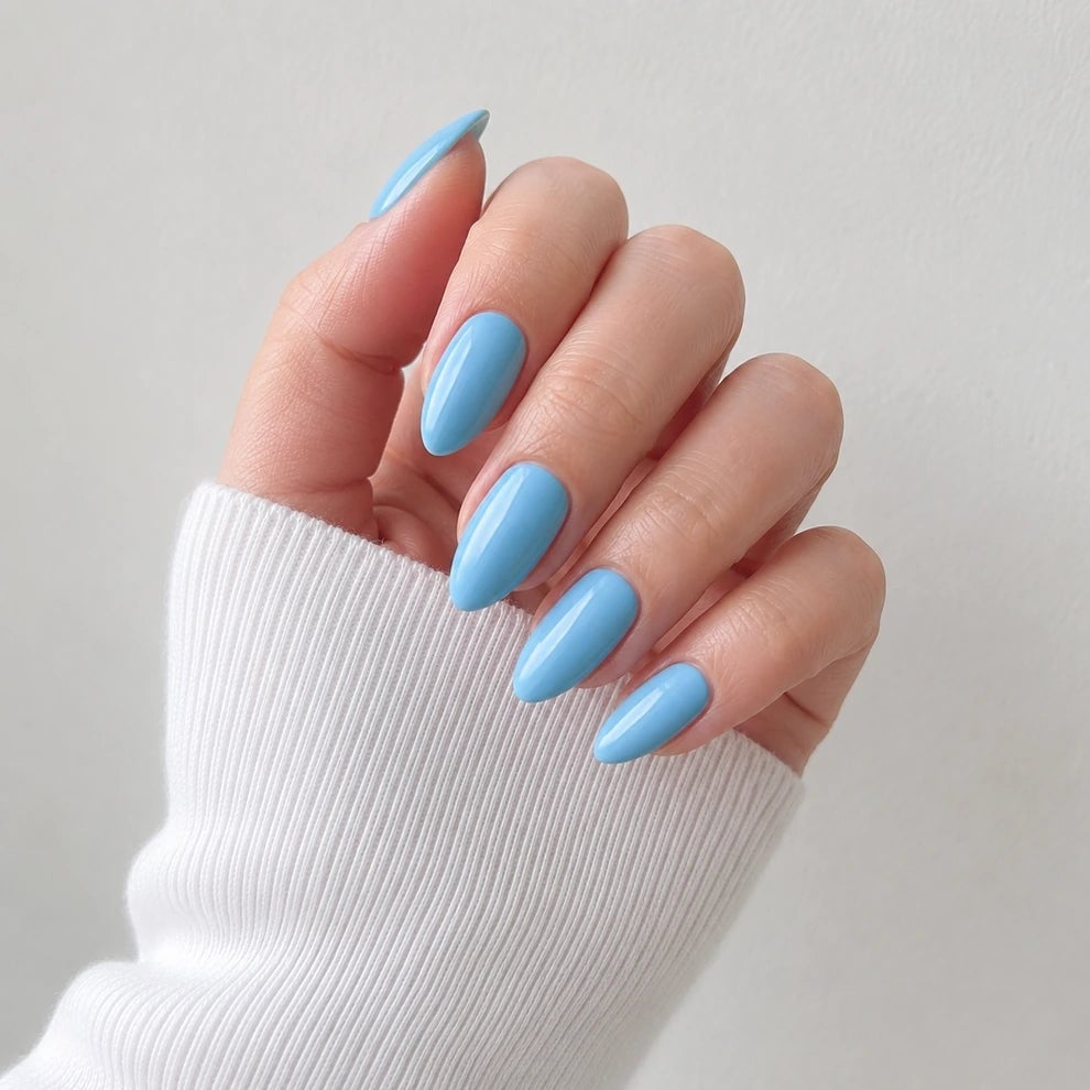 Vibrant Sky Blue Glossy Almond Nails — Almond Press On Nails