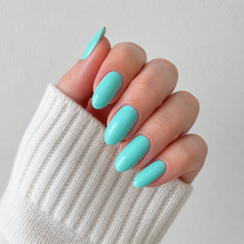Vibrant Aqua Glossy Almond Nails — Almond Press On Nails