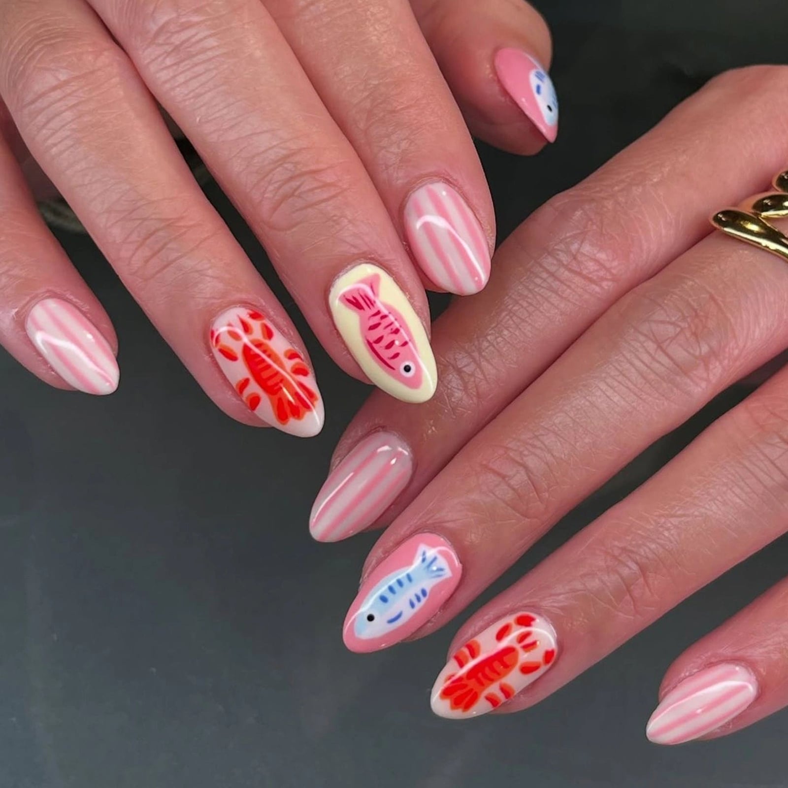 Pink White Stripe Lobster Fish Almond Nails — Almond Press On Nails