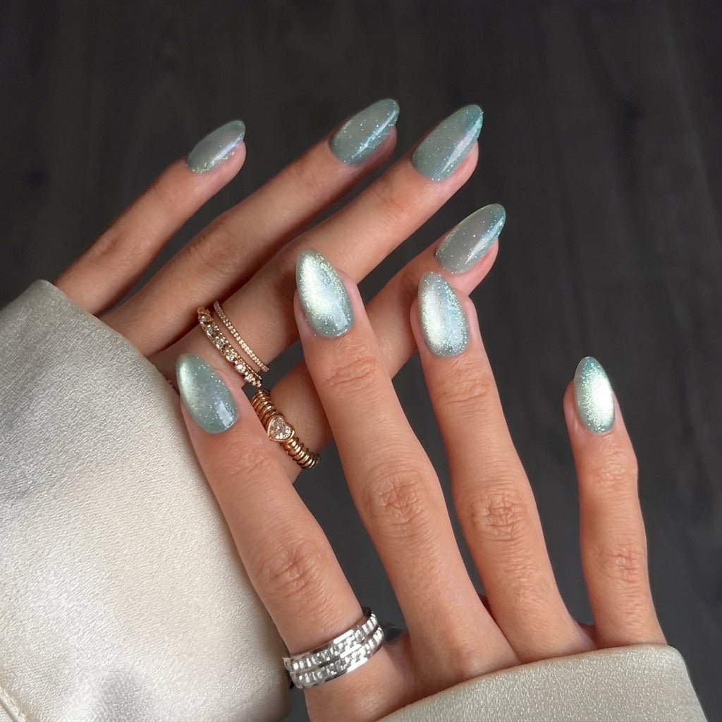 Pale Blue-Green Cat Eye Almond Nails — Almond Press On Nails