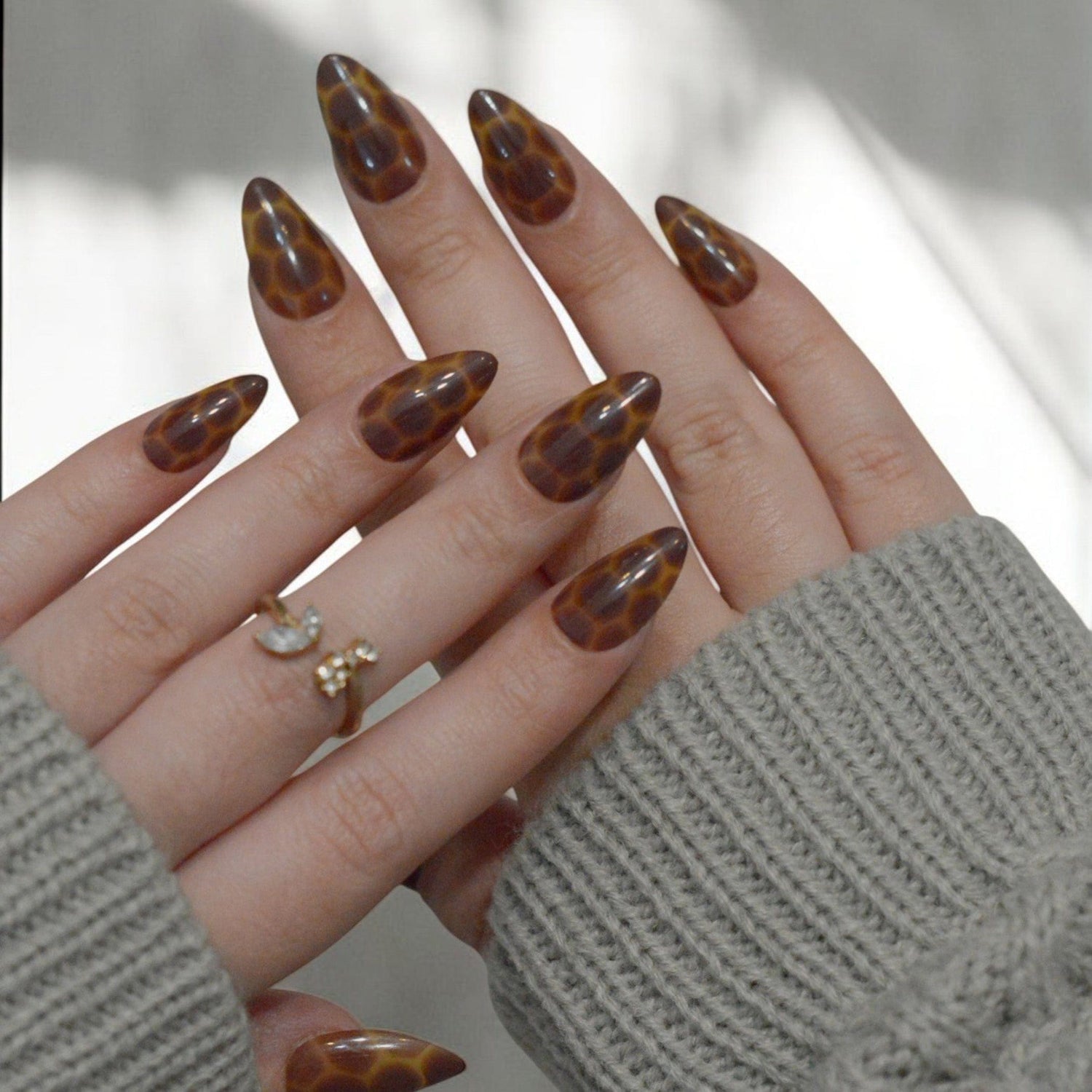 Short Almond Tortoiseshell Print Nails — Almond Press On Nails