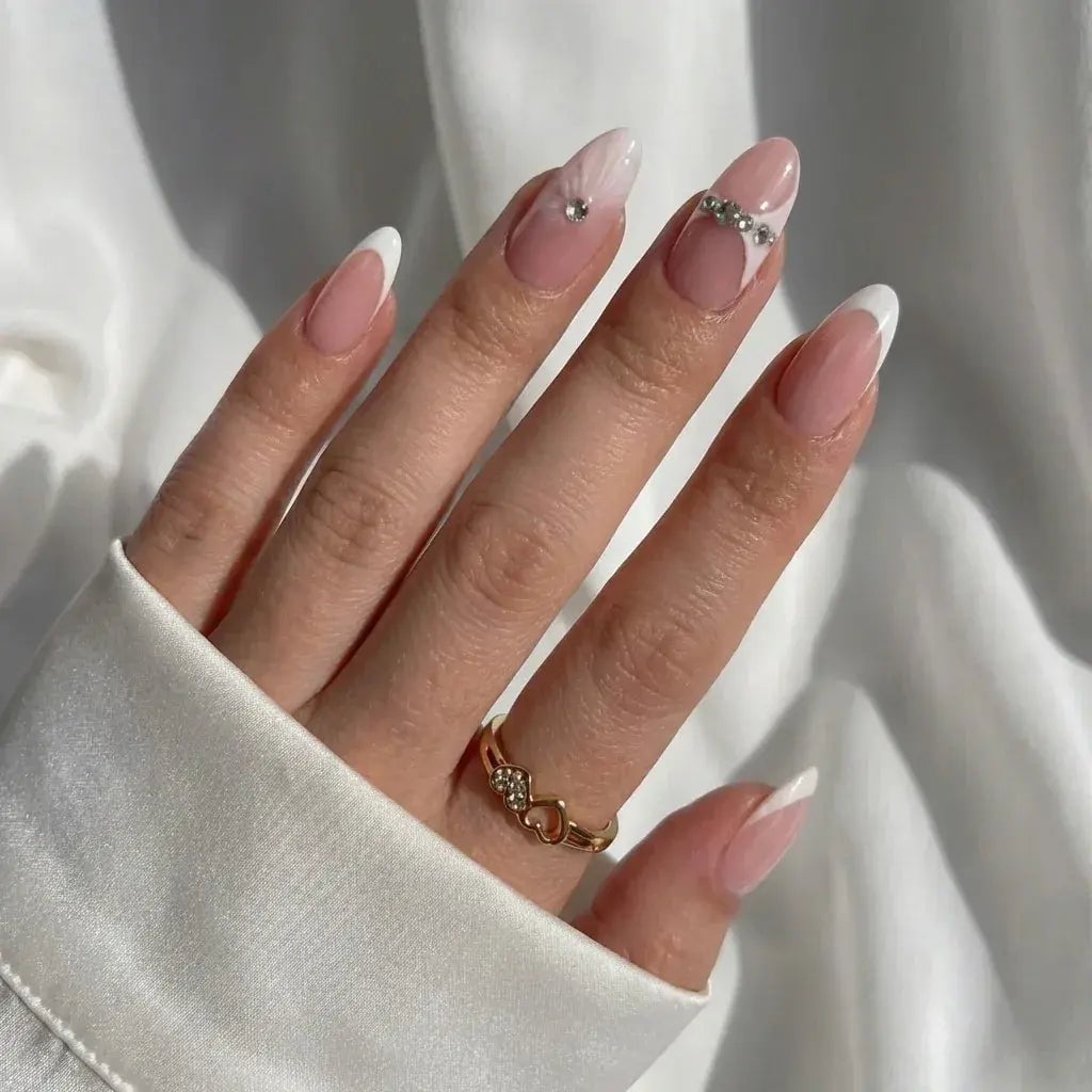 Sheer Pink French Almond Nails with Rhinestones — Almond Press On Nails