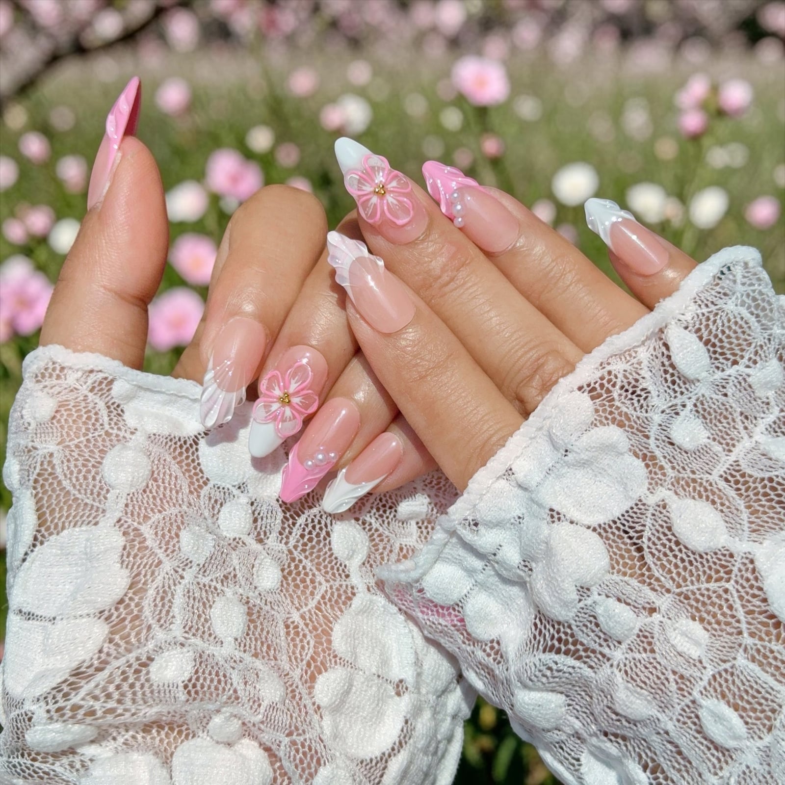 Long Stiletto Almond French Nails with 3D Flowers — Almond Press On Nails
