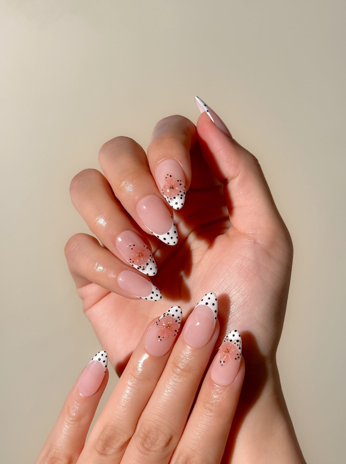 Nude French Almond Nails with 3D Flowers — Almond Press On Nails