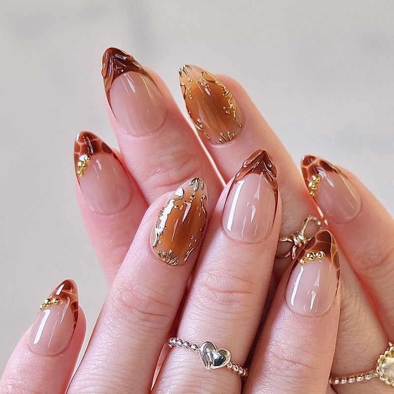 Brown French Almond Nails with Gold Accents — Almond Press On Nails
