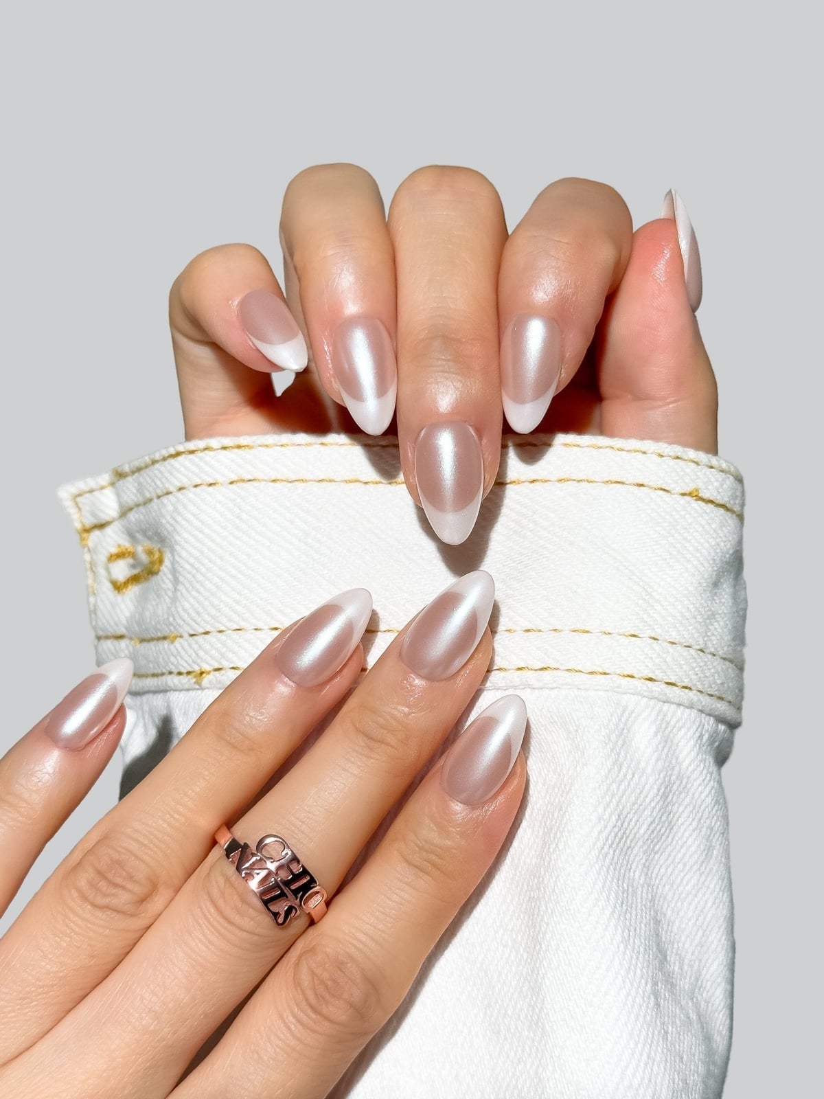 Short Almond Pearlized French Tip Nails, Sheer Nude — Almond Press On Nails
