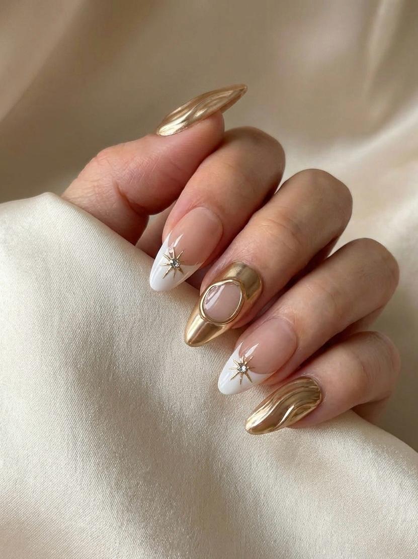 Long Almond French Nails with Gold Chrome Tips — Almond Press On Nails