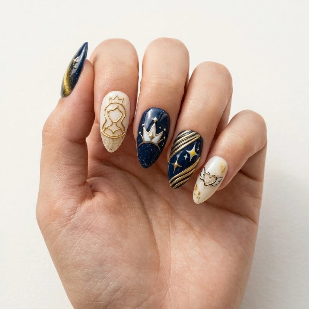 Navy Blue and Gold Celestial Almond Nails — Almond Press On Nails