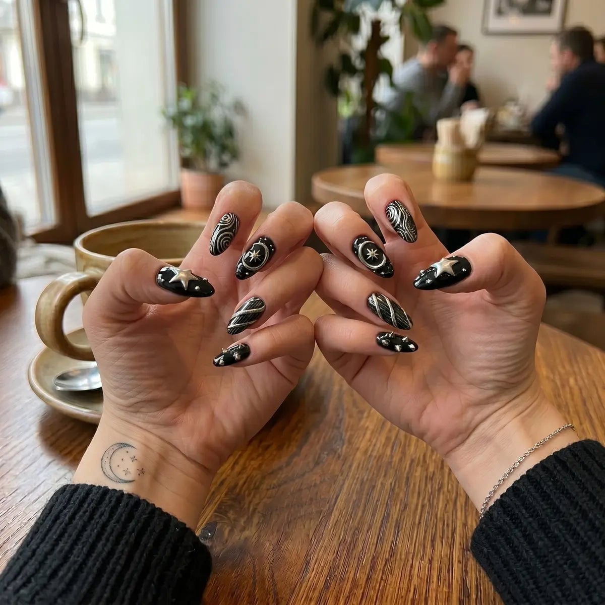 Black Silver Chrome Celestial Almond Nails — Almond Press On Nails