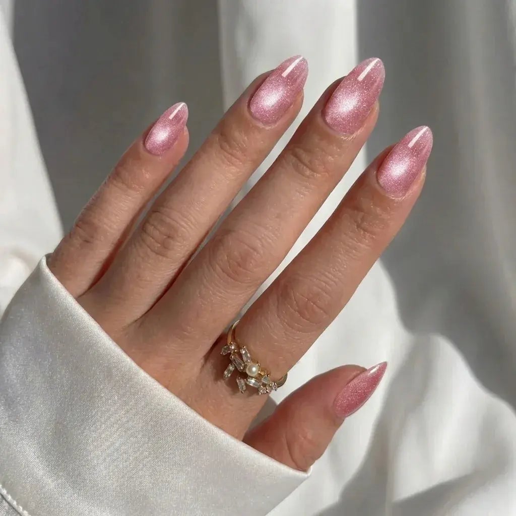 Shimmering Pale Pink Cat Eye Almond Nails — Almond Press On Nails