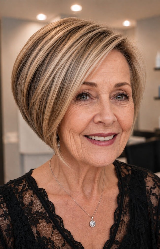 Polished Chin Length Bob With Blonde Highlights — Asymmetrical Bob