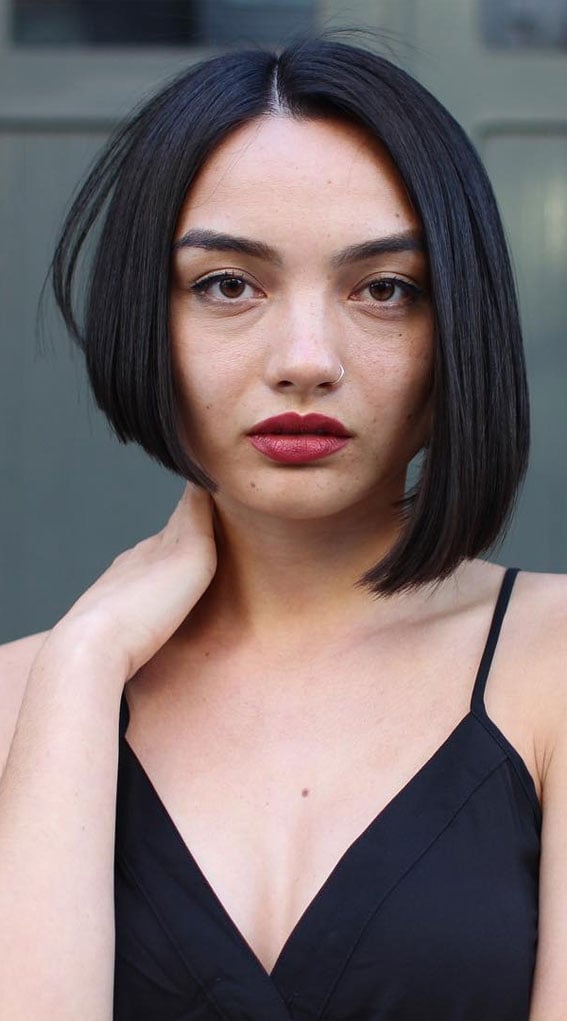 Sharp Dark Brown Asymmetrical Bob