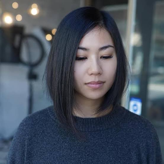 Thick Straight Dark Brown Asymmetrical Bob, Side-Swept
