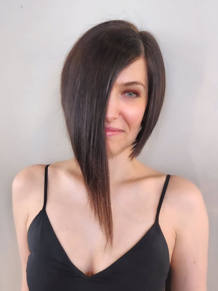 Fine Dark Brown Bob With Extreme Asymmetry, Chin — Asymmetrical Bob