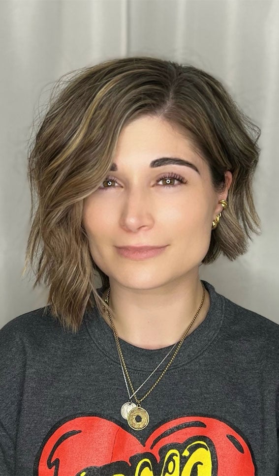 Collarbone Blonde Bob With Brown Lowlights — Asymmetrical Bob
