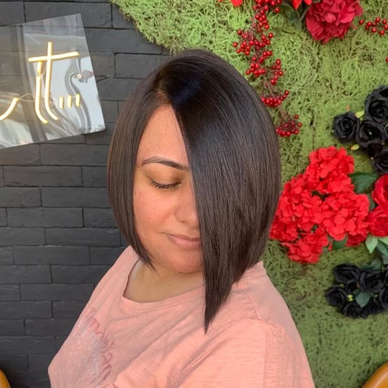 Sharp Dark Brown Asymmetrical Bob, Chin — Asymmetrical Lob