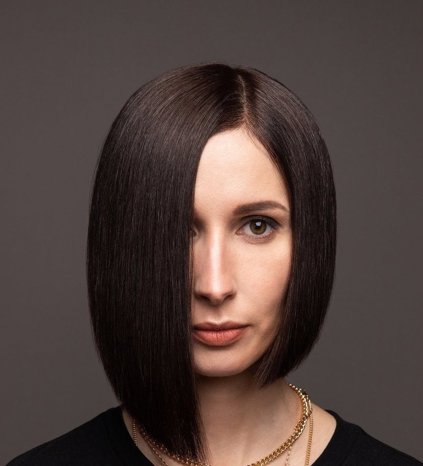 Fine Dark Brown Lob With Face Framing Layers — Asymmetrical Lob
