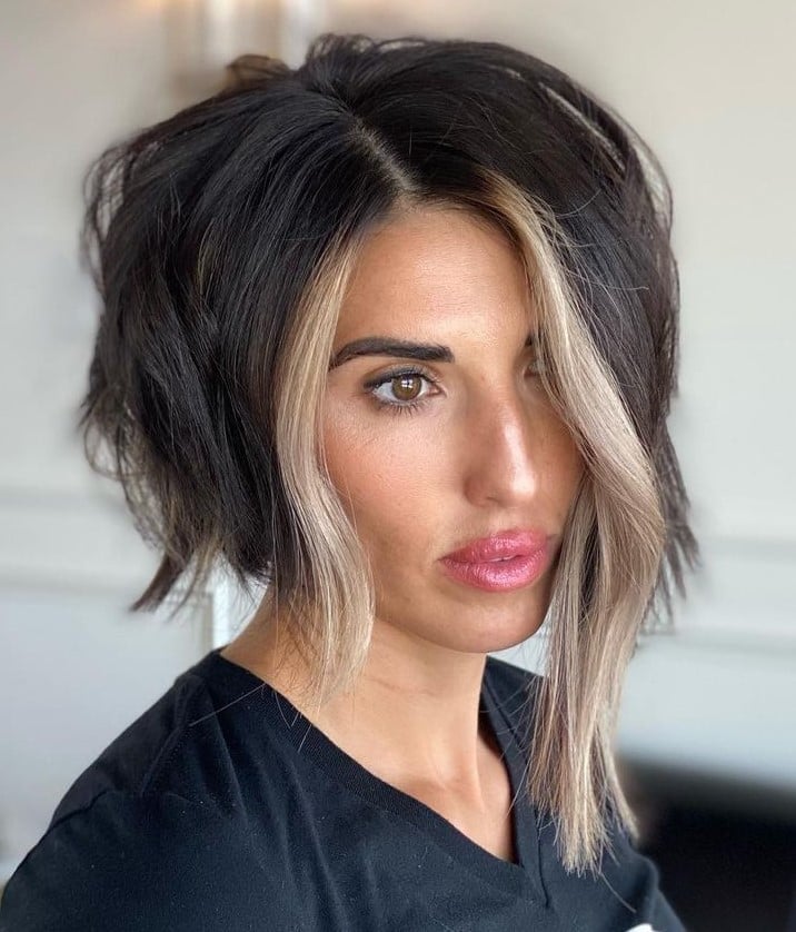 Wavy Lob With Blonde Money Piece — Asymmetrical Lob