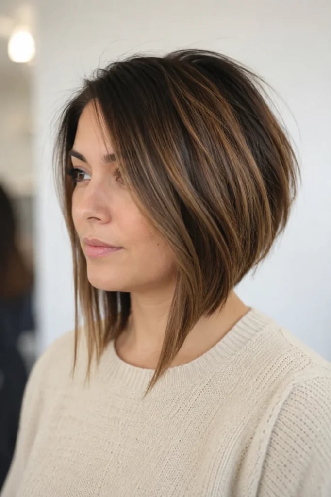 Honey Blonde Asymmetrical Lob With Blowout, Reaching The Chin