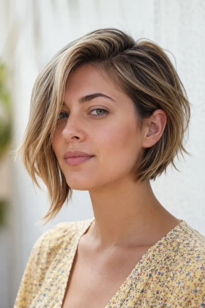 Smooth Blowout Asymmetrical Lob With Side Bangs