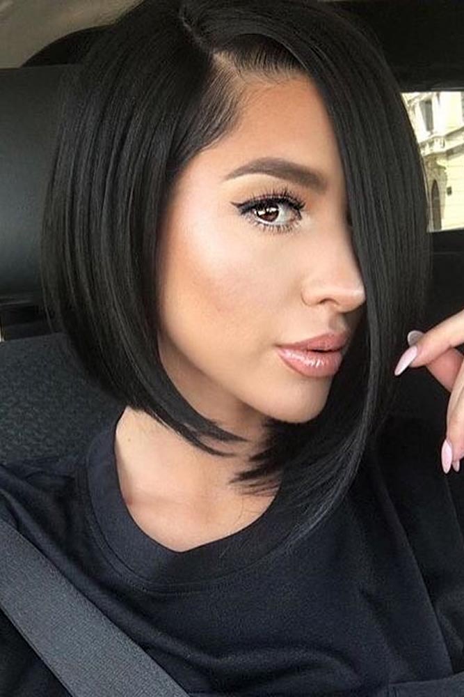 Sleek Black Asymmetrical Bob With Volume — Asymmetrical Lob