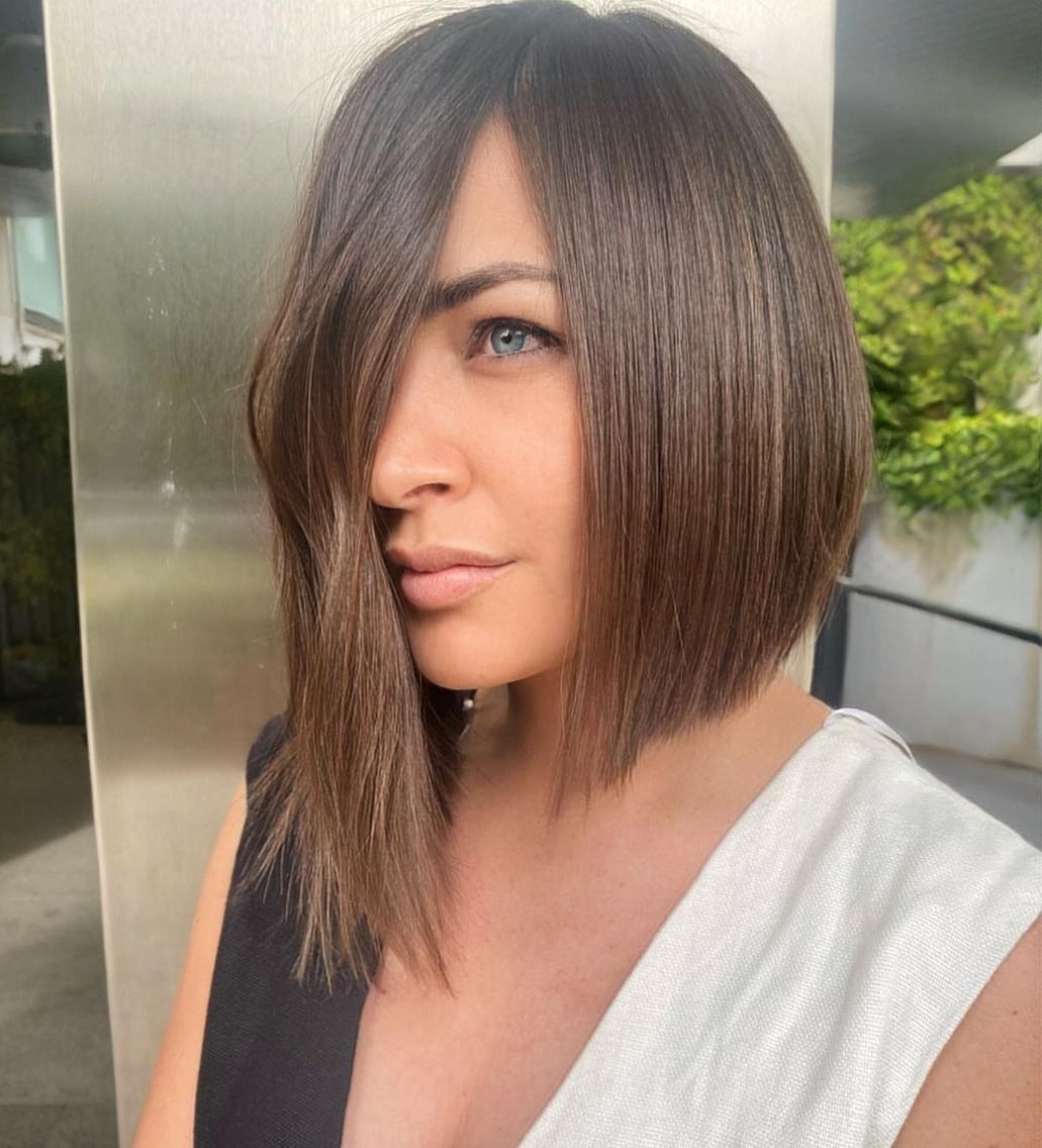 Polished Asymmetrical Bob With Long Side Bangs — Asymmetrical Lob