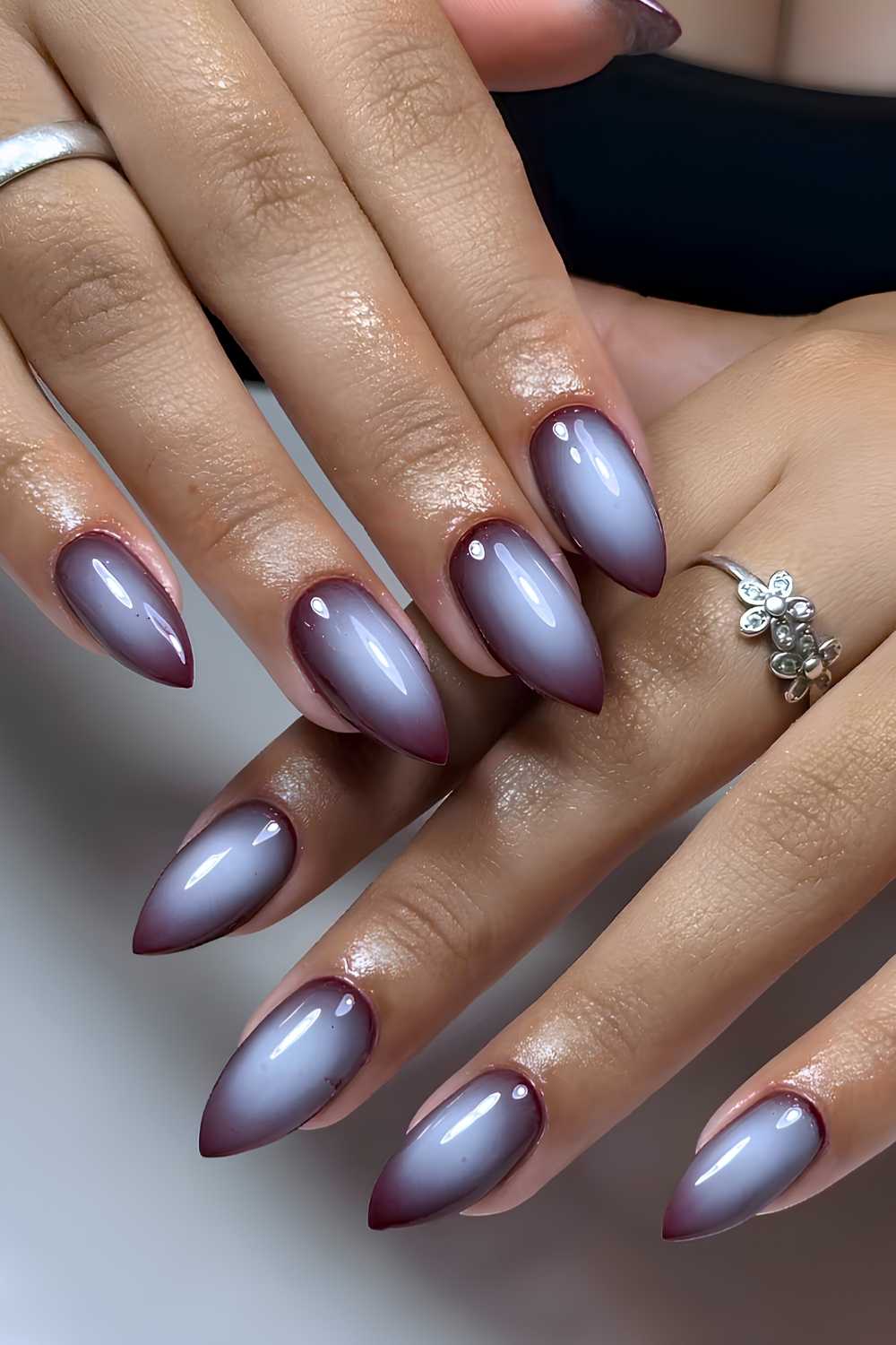 Purple Gray White Gradient Long Stiletto Nails Purple Gray White Gradient Long Stiletto Nails — Aura Nails