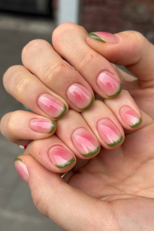 Pink Aura with Green French Tip Short Oval Nails Pink Aura with Green French Tip Short Oval Nails — Aura Nails