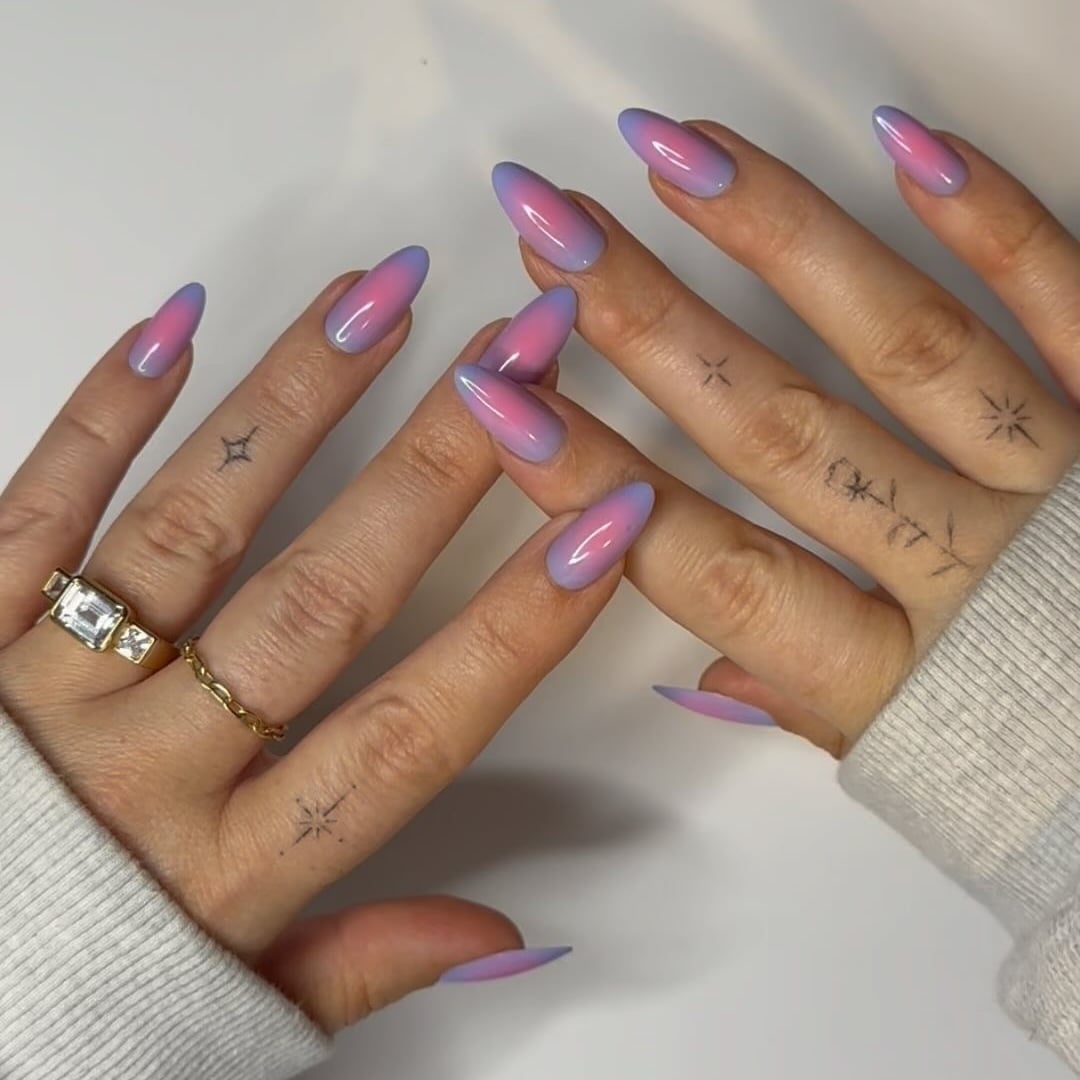Pink Purple Blue Aura with Star Accents Medium Almond Nails, Glossy Pink Purple Blue Aura with Star Accents Medium Almond Nails, Glossy — Aura Nails