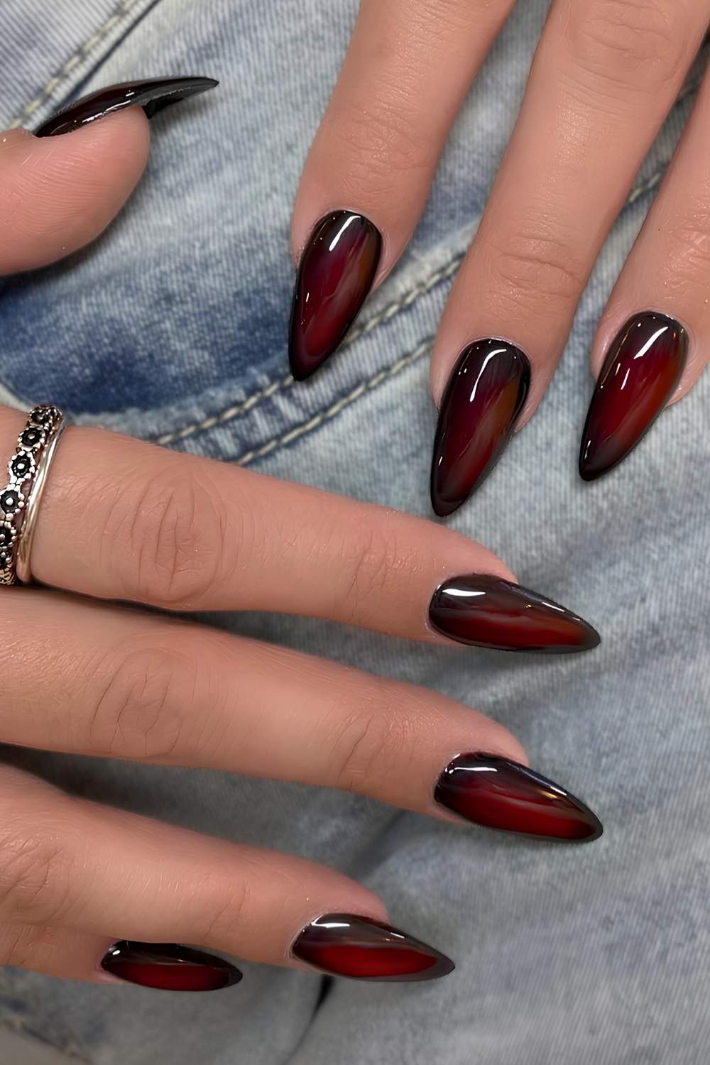 Deep Red to Dark Brown Aura Stiletto Nails Deep Red to Dark Brown Aura Stiletto Nails — Aura Nails