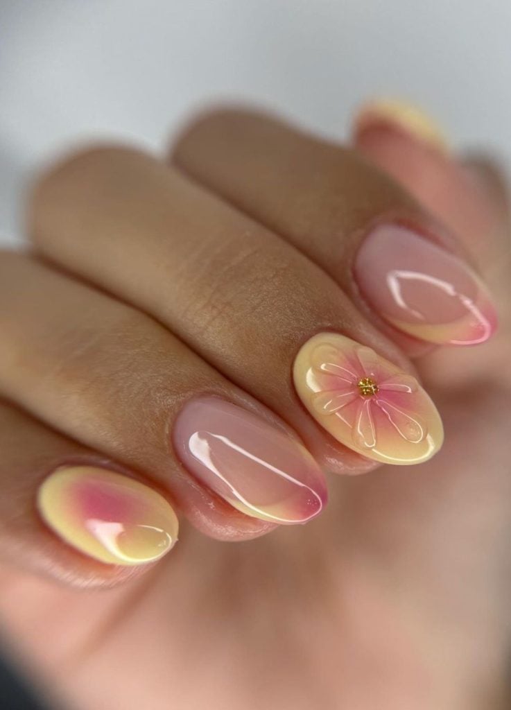Pale Yellow Pink Aura with 3D Flower Medium Oval Nails Pale Yellow Pink Aura with 3D Flower Medium Oval Nails — Aura Nails