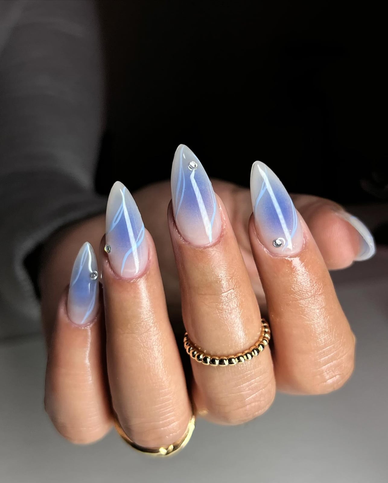 Blue Gradient with Fine Lines and Rhinestones Long Almond Nails Blue Gradient with Fine Lines and Rhinestones Long Almond Nails — Aura Nails