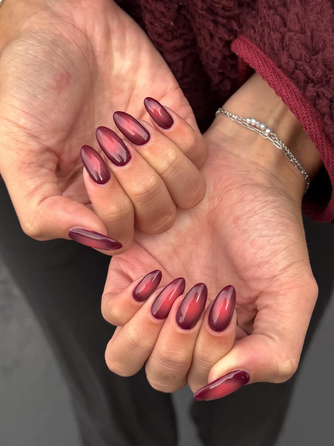 Deep Red Pink Jelly Aura Medium Almond Nails Deep Red Pink Jelly Aura Medium Almond Nails — Aura Nails