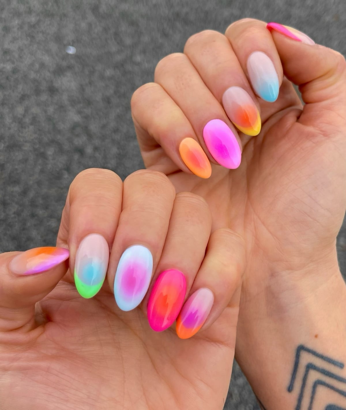 Vibrant Multicolor Aura Gradient Medium Almond Nails Vibrant Multicolor Aura Gradient Medium Almond Nails — Aura Nails