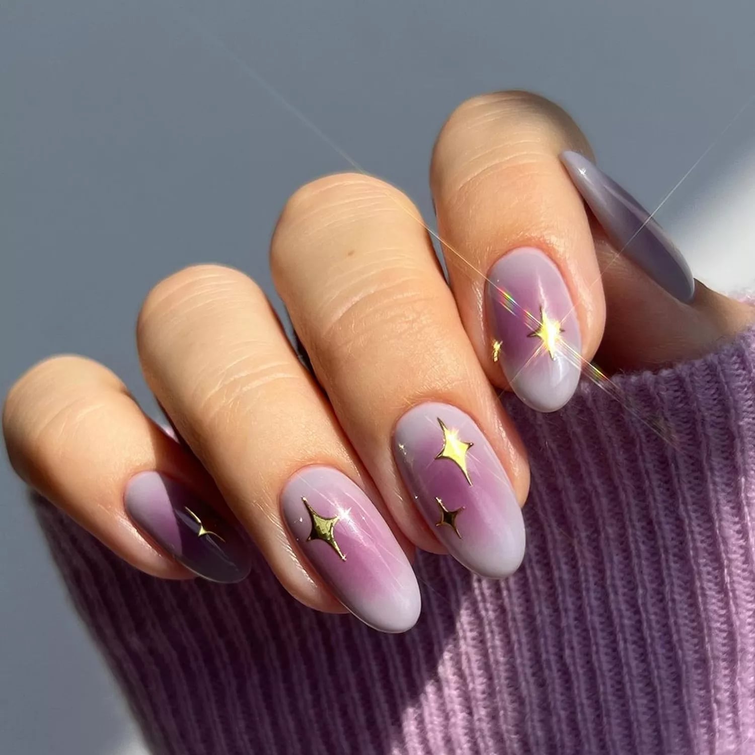 Purple White Aura with Gold Star Accents Medium Almond Nails Purple White Aura with Gold Star Accents Medium Almond Nails — Aura Nails
